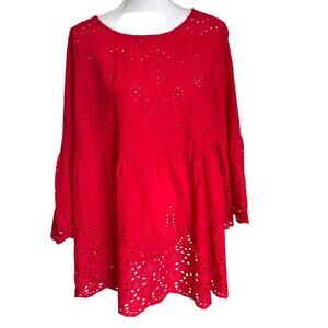 CalStyle Top Blouse Shirt Size XL Red Eyelet BabyDoll Empire Waist Bell Sleeve